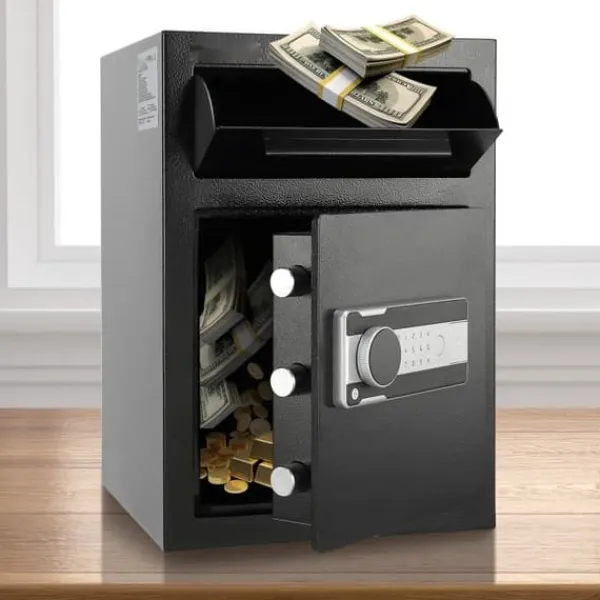 Pengeskabe^2,5 C Depository: Sikkerhedsboks med Drop Slot, adgangskoder og nøgler for ekstra beskyttelse.