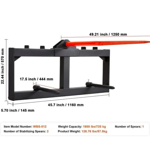 Haveværktøj^49" høspyd med 1600 lbs kapacitet, inkl. 2 stk 17,5" stabilisatorspyd til minilæsser og traktortilbehør. Hurtigmontering.