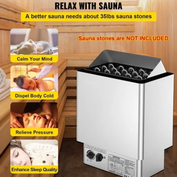 Clearance 9 kW saunaovn 380V-415V, våd&tør elektrisk med indbygget kontrol. Rustfrit stål saunahegn, perfekt til afslapning. Sauna