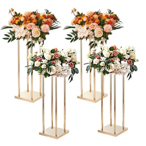 Krukker & Plantebeholdere^4 stk guld metal søjle blomsterstandere, 80 cm høj med geometrisk vase, perfekt til bryllupper og fester. Elegante midterstykker til receptioner.
