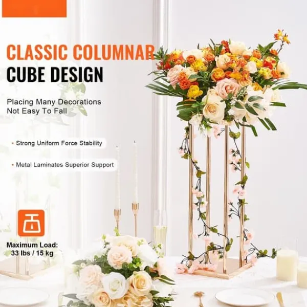 Krukker & Plantebeholdere^4 stk guld metal søjle blomsterstandere, 80 cm høj med geometrisk vase, perfekt til bryllupper og fester. Elegante midterstykker til receptioner.