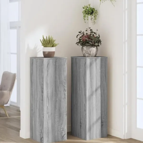 Sale 2 stk. robuste plantestativer i konstrueret træ | Farve: Grå sonoma-eg | Størrelse: 33x33x100 cm Plantestativer