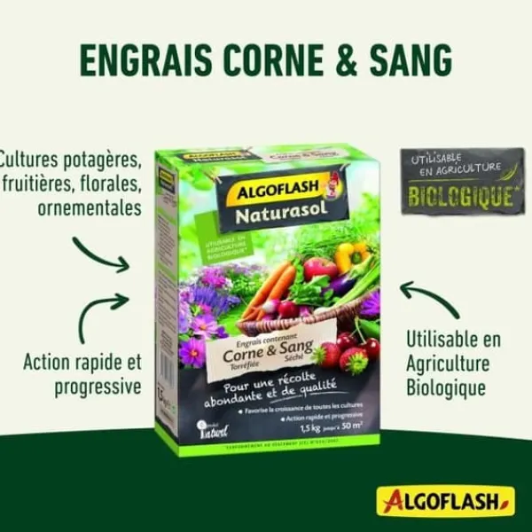 Clearance ALGOFLASH NATURASOL - Gödselmedel med rostat horn och torkat blod 1,5 kg Gødningsmidler