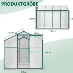 Drivhus^Aluminium drivhus med fundament 4,75 m² - 190 × 253 cm, inkl. 1 ovenlysvindue og skydedør, havedrivhus, tomatdrivhus
