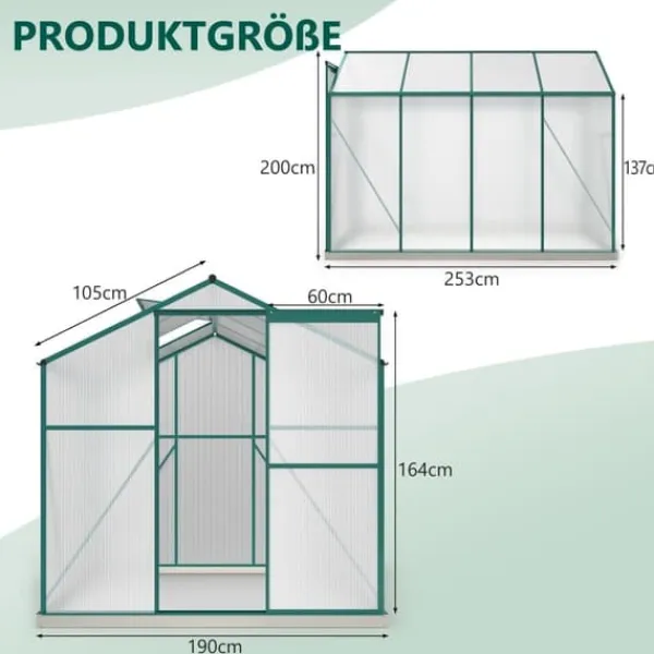 Drivhus^Aluminium drivhus med fundament 4,75 m² - 190 × 253 cm, inkl. 1 ovenlysvindue og skydedør, havedrivhus, tomatdrivhus