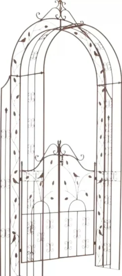 Outlet Antique Brown Metal Rose Arch with Gate - Handcrafted Iron Garden Arbor for Climbing Plants, Durable, 144cm Wide Buer, Spalier, Lysthuse Uden Tag