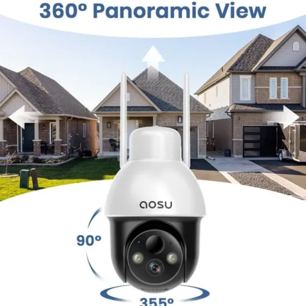 Sikkerhedsmonitorer & Videokameraer^AOSU Solar Sikkerhedskamera, 3MP HD Opløsning, 360-Graders PTZ, To-Vejs Lyd