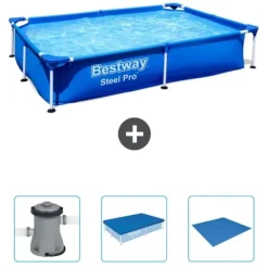 Bestway Pooler^Rectangular Steel Pro Swimming Pool - 221 x 150 x 43 cm - Blå - Inkluderet tilbehør CB40