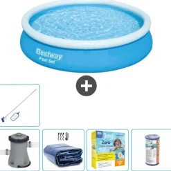 Discount Round Oppustelig Fast Set Swimming Pool - 366 x 76 cm - Blå - Inklusive Tilbehør CB20 Pooler