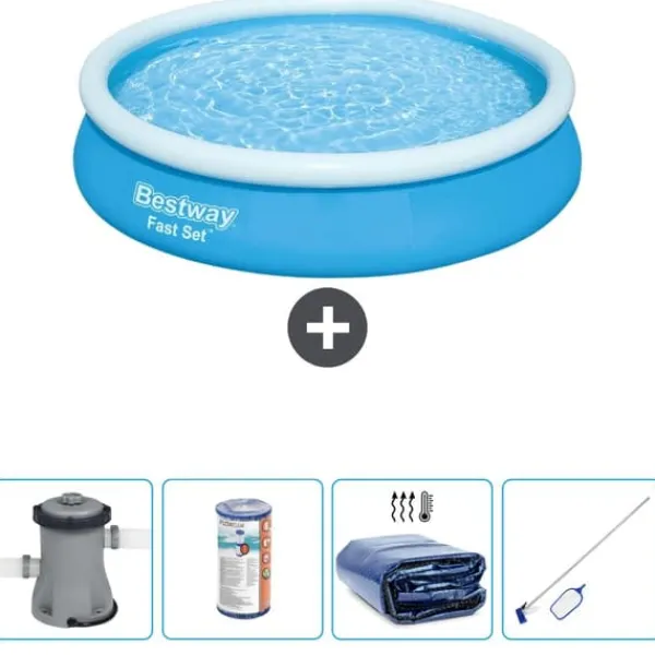 Bestway Pooler^Round Oppustelig Fast Set Swimming Pool - 366 x 76 cm - Blå - Inklusive Tilbehør CB54