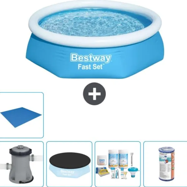 Bestway Pooler^Round Oppustelig Fast Set Swimming Pool - 244 x 61 cm - Blå - Inklusive Tilbehør CB11
