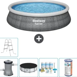 Hot Round Oppustelig Fast Set Swimming Pool - Rattan Print - 457 x 84 cm - Inklusive Tilbehør CB14 Pooler