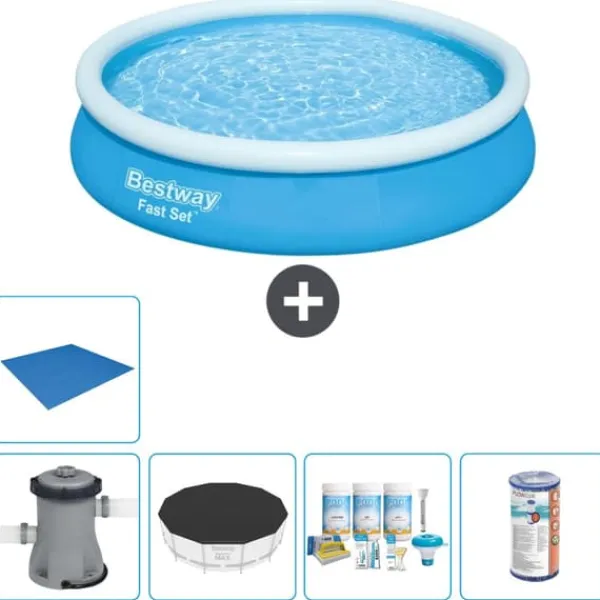 Outlet Round Oppustelig Fast Set Swimming Pool - 366 x 76 cm - Blå - Inklusive Tilbehør CB11 Pooler
