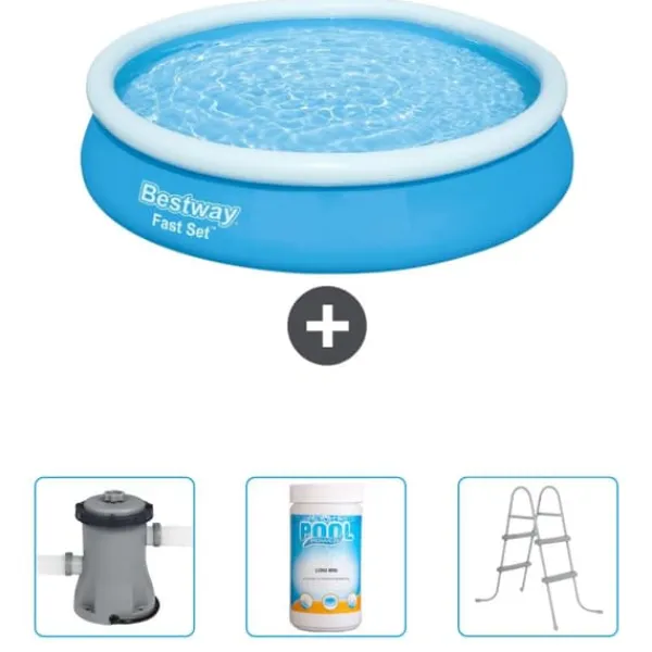 Best Round Oppustelig Fast Set Swimming Pool - 366 x 76 cm - Blå - Inkluderet tilbehør CB48 Pooler
