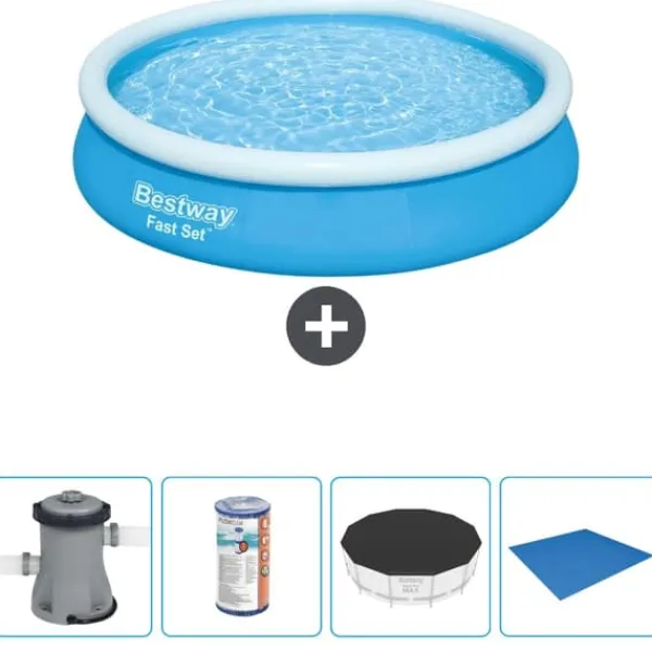 Outlet Round Oppustelig Fast Set Swimming Pool - 366 x 76 cm - Blå - Inklusive Tilbehør CB52 Pooler
