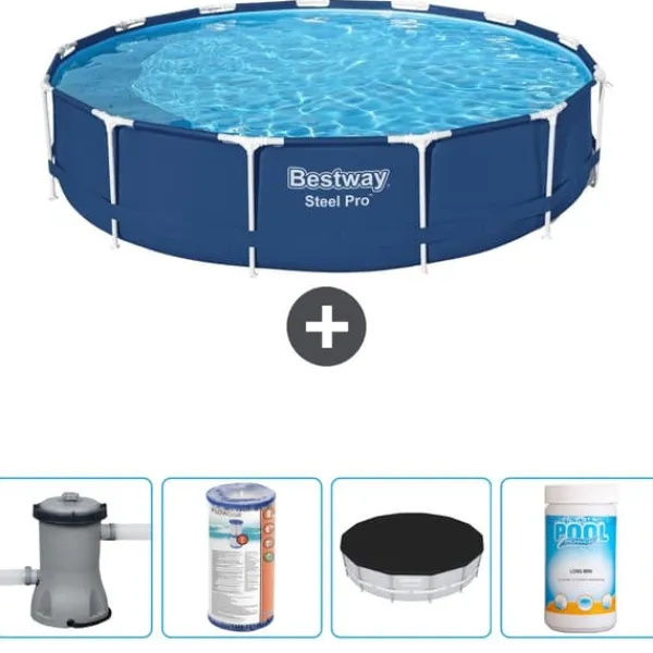 Hot Round Steel Pro Swimming Pool - 396 x 84 cm - Blå - Inklusive Tilbehør CB51 Pooler