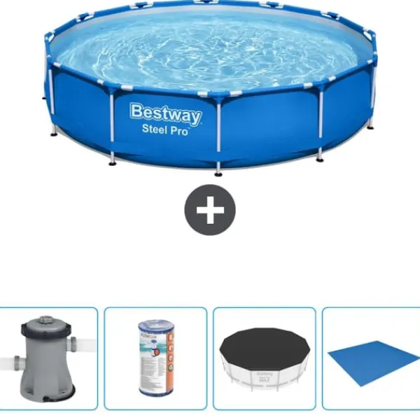 Online Round Steel Pro Swimming Pool - 366 x 76 cm - Blå - Inklusive Tilbehør CB52 Pooler
