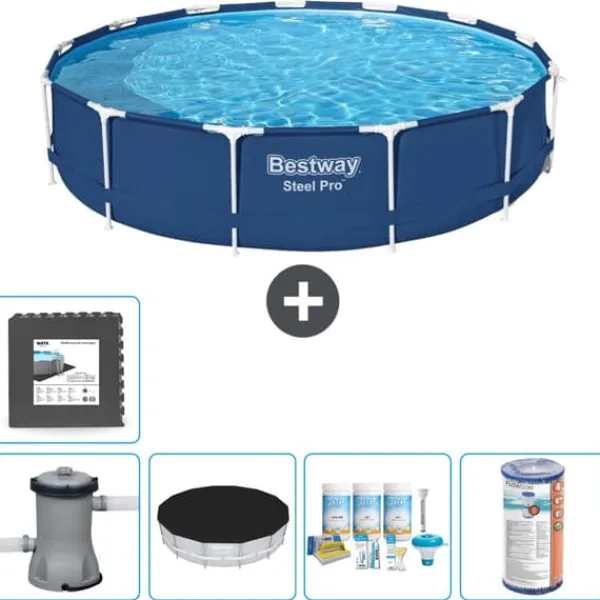 Bestway Pooler^Round Steel Pro Swimming Pool - 396 x 84 cm - Blå - Inklusive Tilbehør CB13