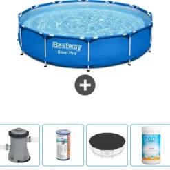 Bestway Pooler^Round Steel Pro Swimming Pool - 366 x 76 cm - Blå - Inklusive Tilbehør CB51