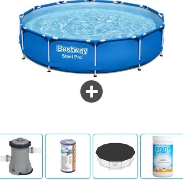 Bestway Pooler^Round Steel Pro Swimming Pool - 366 x 76 cm - Blå - Inklusive Tilbehør CB51