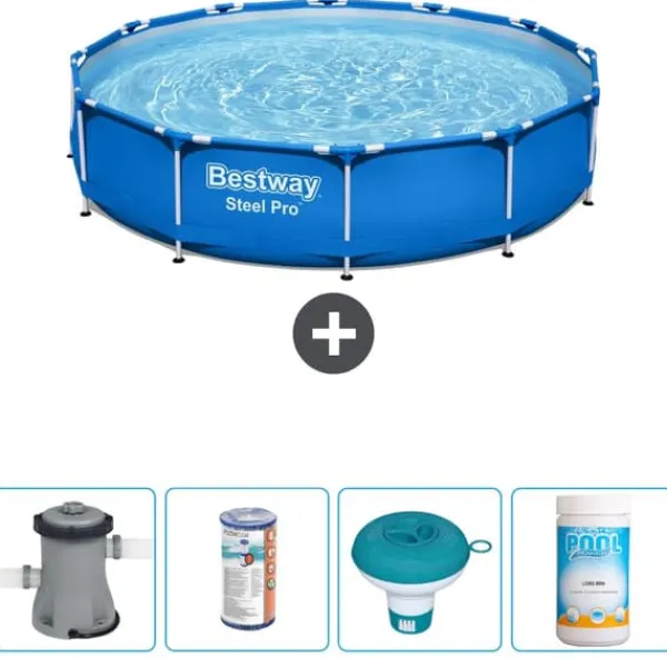 New Round Steel Pro Swimming Pool - 366 x 76 cm - Blå - Inklusive Tilbehør CB53 Pooler