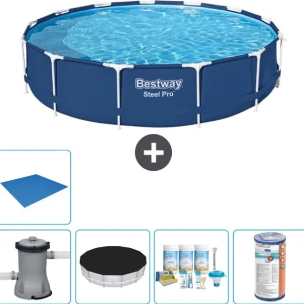 Bestway Pooler^Round Steel Pro Swimming Pool - 396 x 84 cm - Blå - Inklusive Tilbehør CB11