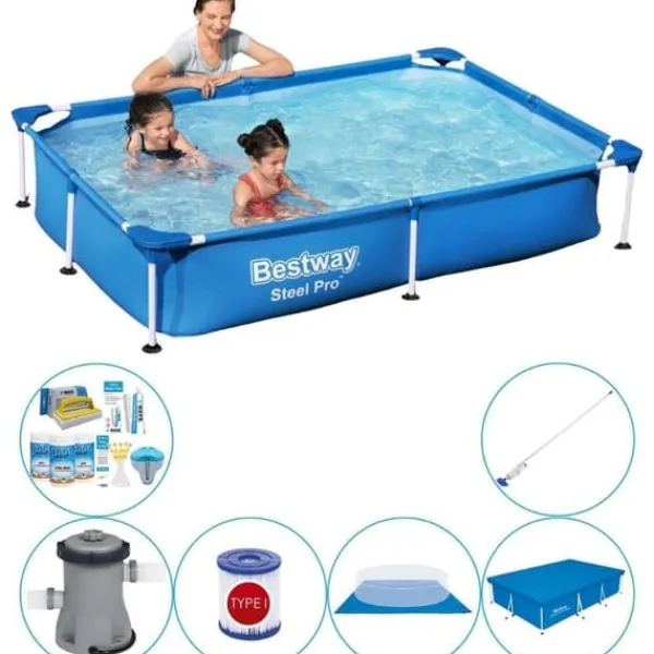Clearance Steel Pro Rectangular 221x150x43 cm - Blå - Pool combo tilbud Pooler