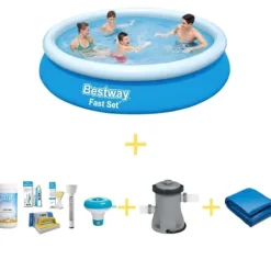 Bestway Pooler^swimmingpool - Hurtigt sæt - 366 x 76 cm - Inklusiv WAYS vedligeholdelsespakke, filterpumpe og jordklud