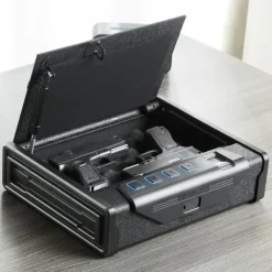 Discount Biometrisk pistolskab med tre adgangsmetoder til opbevaring af to pistoler. Sikkerhed og nem adgang. Pengeskabe