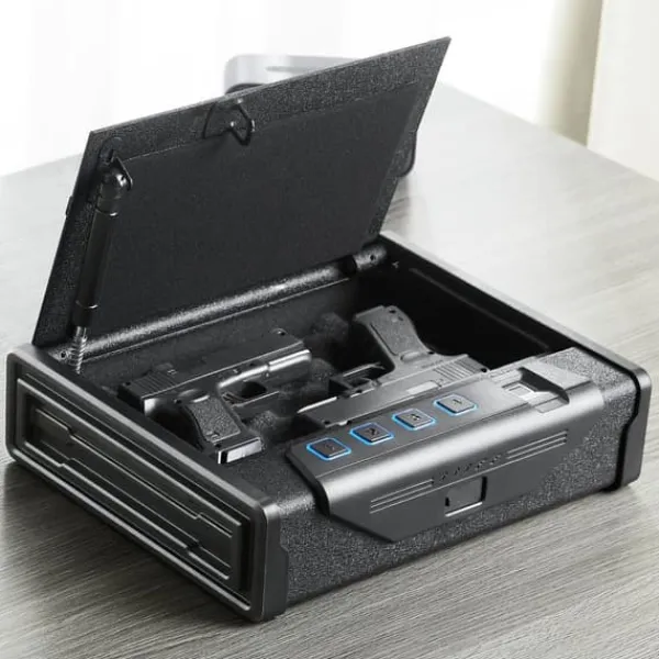 Discount Biometrisk pistolskab med tre adgangsmetoder til opbevaring af to pistoler. Sikkerhed og nem adgang. Pengeskabe