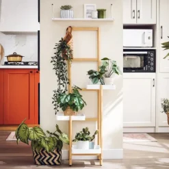 Plantestativer^Blomsterhylde i træ - Planteholder STR13-WN - Flere niveauer - Til 3 potter - 31×130×27 cm - Samling kræves - Hvid