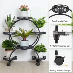 Plantestativer^Blomsterstander - Plantehylde med 4 hjul - 6 niveauer - Metal - Samling påkrævet - Str. L - Sort