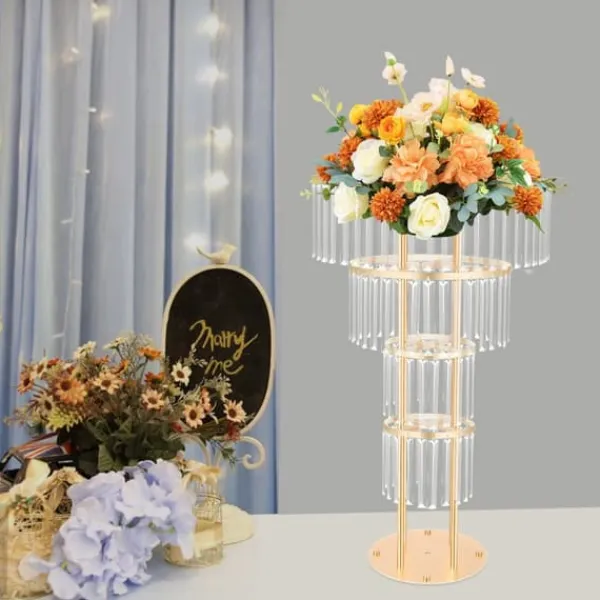 New Blomsterstander med krystaller til bryllup - 4-etagers rund piedestal - Fritstående - 50×90 cm - Jern og akryl - Lyserød Krukker & Plantebeholdere
