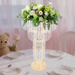 New Blomsterstander med krystaller til bryllup - 4-etagers rund piedestal - Fritstående - 50×90 cm - Jern og akryl - Lyserød Krukker & Plantebeholdere