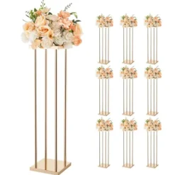Plantestativer^Blomsterstander Sæt - Søjle/Piedestal - Sæt Af 10 - Højde 80 cm - Metal - Cylindrisk & Kubisk - Til Bryllup & Fest - Guld