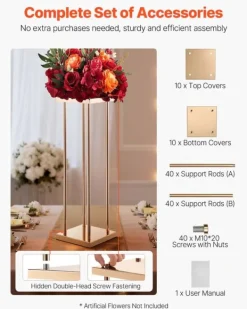 Plantestativer^Blomsterstander Sæt - Søjle/Piedestal - Sæt Af 10 - Højde 80 cm - Metal - Cylindrisk & Kubisk - Til Bryllup & Fest - Guld