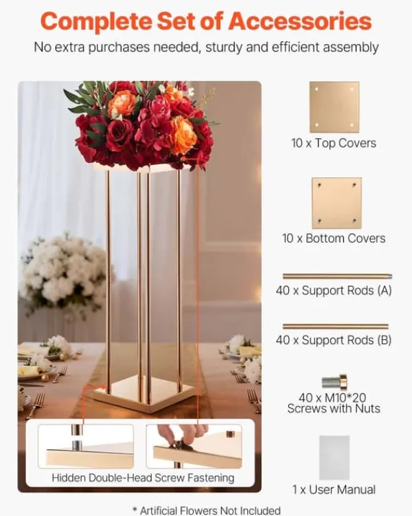 Plantestativer^Blomsterstander Sæt - Søjle/Piedestal - Sæt Af 10 - Højde 80 cm - Metal - Cylindrisk & Kubisk - Til Bryllup & Fest - Guld