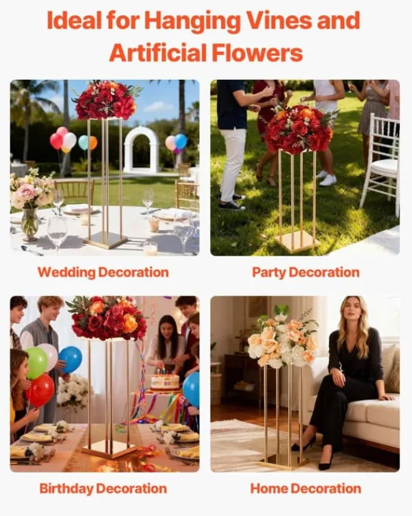Plantestativer^Blomsterstander Sæt - Søjle/Piedestal - Sæt Af 10 - Højde 80 cm - Metal - Cylindrisk & Kubisk - Til Bryllup & Fest - Guld