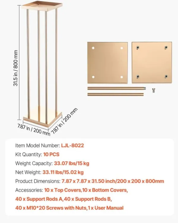 Plantestativer^Blomsterstander Sæt - Søjle/Piedestal - Sæt Af 10 - Højde 80 cm - Metal - Cylindrisk & Kubisk - Til Bryllup & Fest - Guld