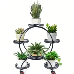 Plantestativer^Blomsterstander til krukker - Rund metalstander med hjul - Til altan og have - Hvid