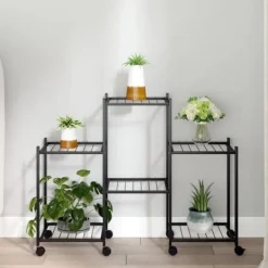 Plantestativer^Blomsterstativ med hjul - Robust plantehylde i jern | Farve: Sort | Størrelse: 83x25x63,5 cm