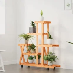 Plantestativer^Blomsterstativ med hjul i massivt fyrretræ - Plantestativ | Størrelse: 95x25x101 cm