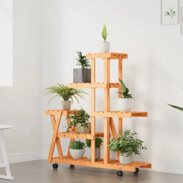 Plantestativer^Blomsterstativ med hjul i massivt fyrretræ - Plantestativ | Størrelse: 95x25x101 cm