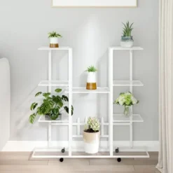 Plantestativer^Blomsterstativ med hjul 94,5x24,5x91,5 cm jern hvid - Blomsterstativ - Blomsterstativer - Home & Living