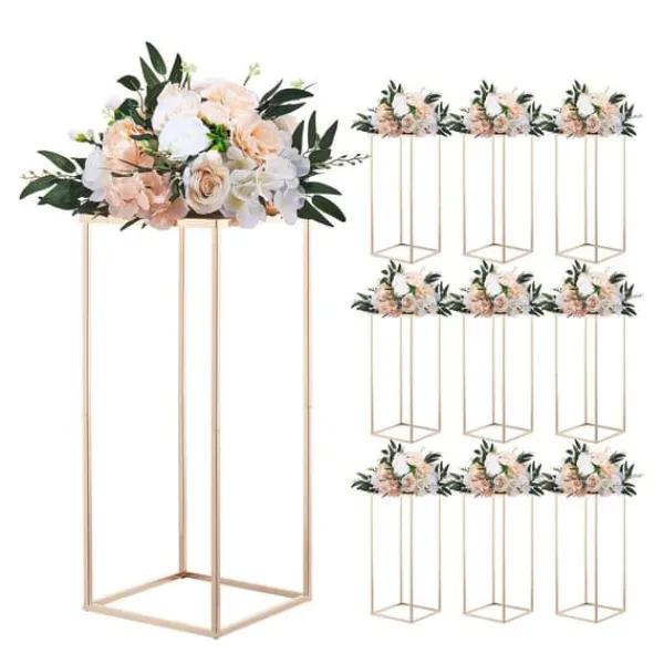 Best Blomsterstativer - Rektangulære Søjler - Sæt med 10 - 60 cm Højde - Metalramme - Til Bryllup og Fest - Guld Blomster