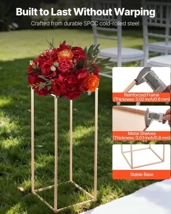 Best Blomsterstativer - Rektangulære Søjler - Sæt med 10 - 60 cm Højde - Metalramme - Til Bryllup og Fest - Guld Blomster