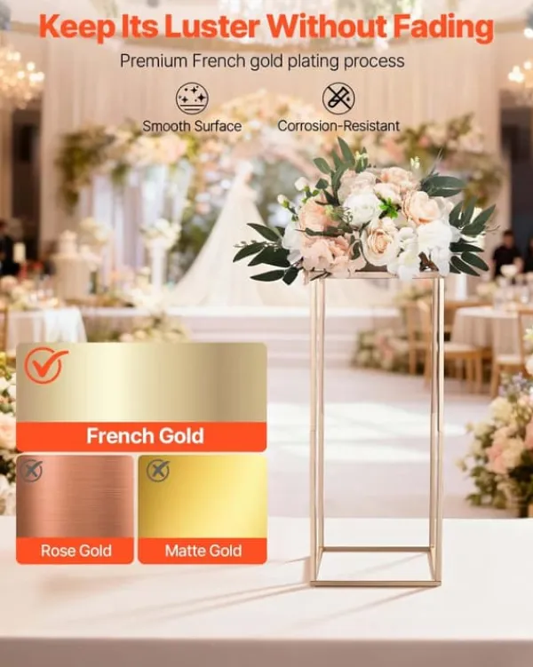 Best Blomsterstativer - Rektangulære Søjler - Sæt med 10 - 60 cm Højde - Metalramme - Til Bryllup og Fest - Guld Blomster