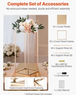 Best Blomsterstativer - Rektangulære Søjler - Sæt med 10 - 60 cm Højde - Metalramme - Til Bryllup og Fest - Guld Blomster