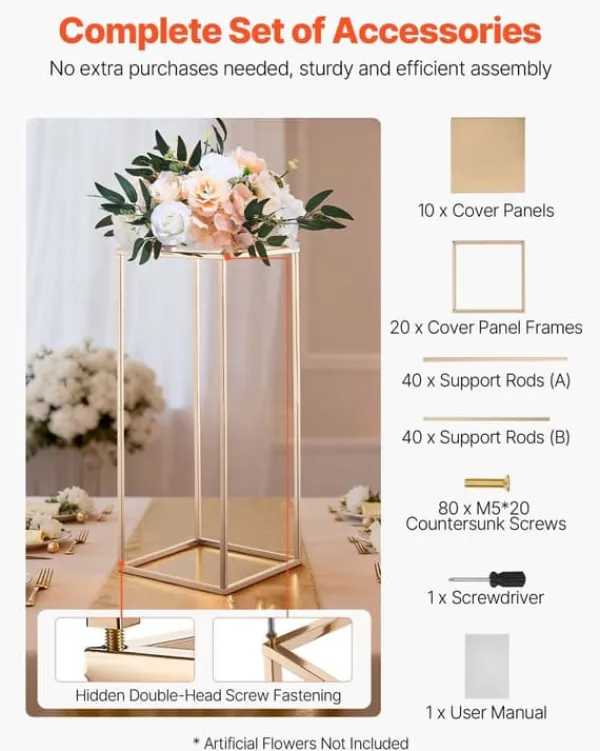 Best Blomsterstativer - Rektangulære Søjler - Sæt med 10 - 60 cm Højde - Metalramme - Til Bryllup og Fest - Guld Blomster