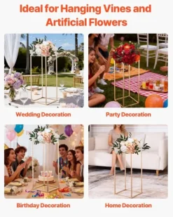 Best Blomsterstativer - Rektangulære Søjler - Sæt med 10 - 60 cm Højde - Metalramme - Til Bryllup og Fest - Guld Blomster